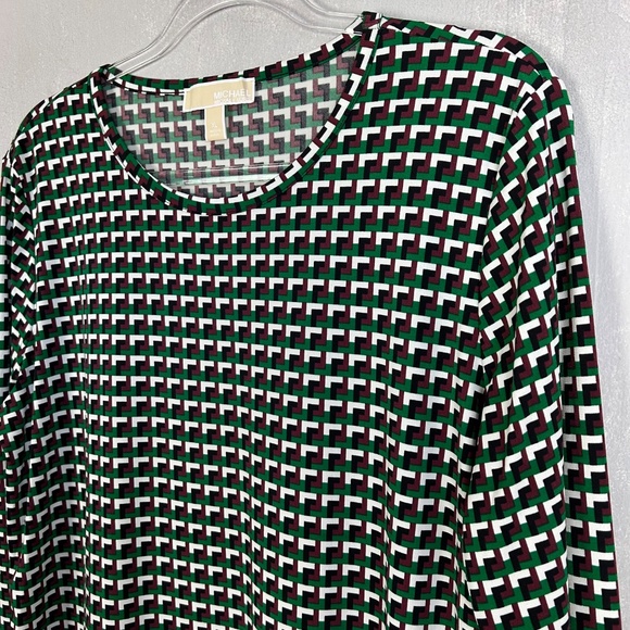 Michael Kors women size XL long sleeve top brown green geometric stretch jersey - Picture 7 of 15